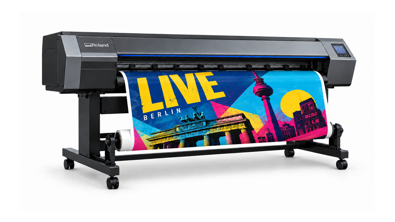 Produktvisualisierung eines Roland TrueVIS mit gedrucktem LIVE-BERLIN-Blueback-Motiv