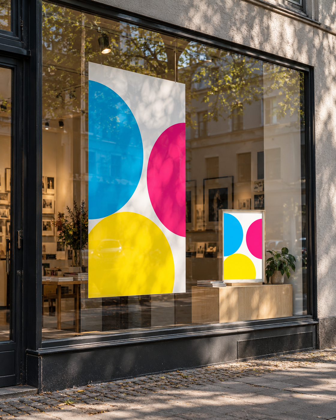 Großes CMY-Poster und hinterleuchtetes Werbemotiv in einem realistischen Schaufenster