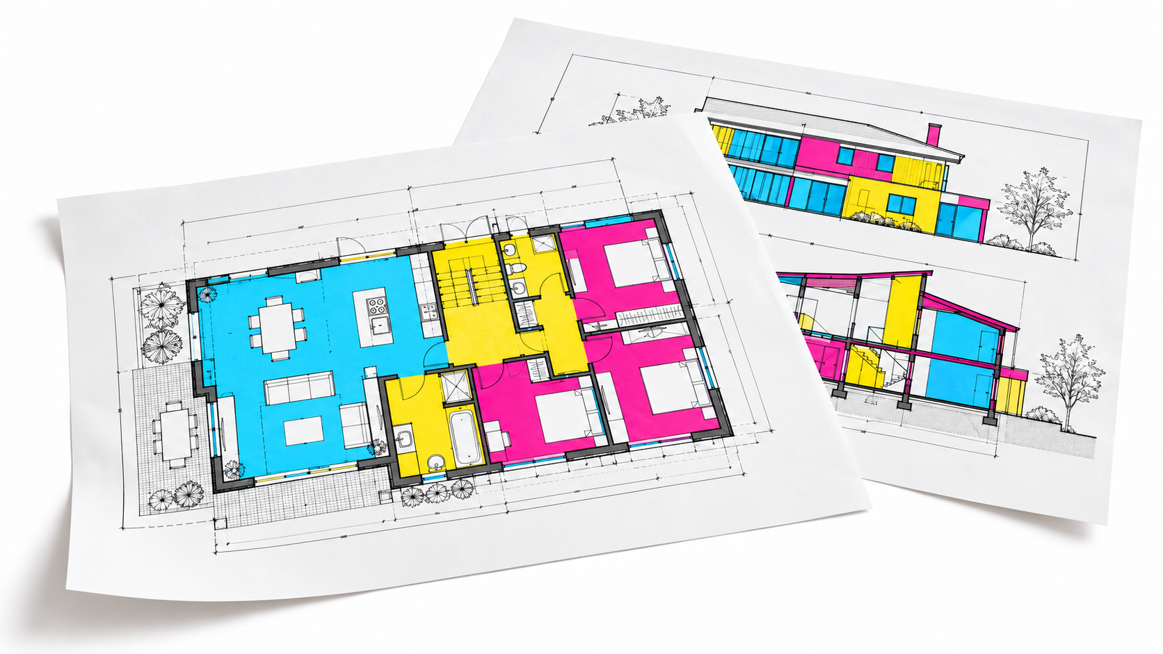 Architekturpläne mit Grundriss und Gebäudeansichten im CMY-Stil