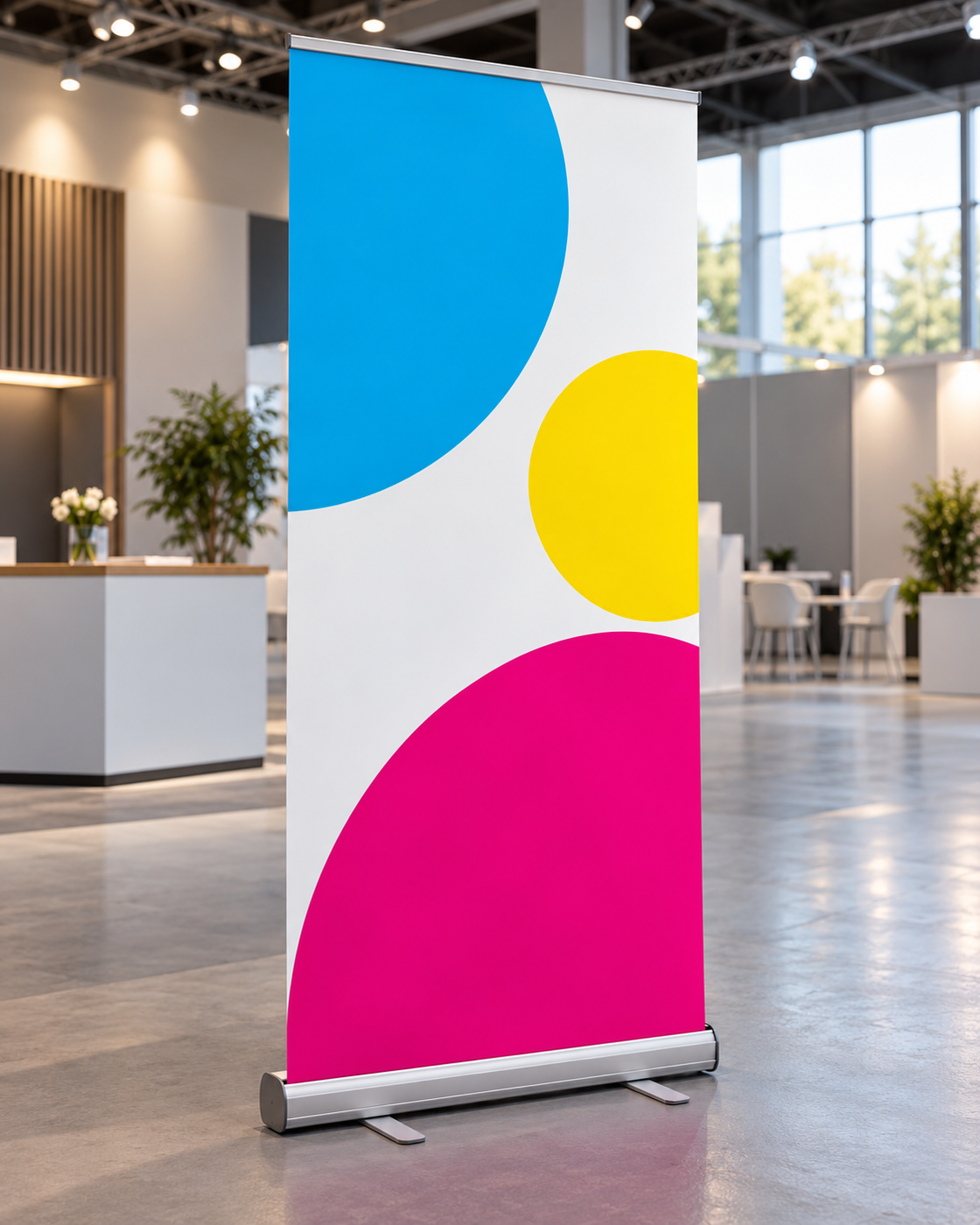 Roll-Up mit CMY-Motiv an einem modernen Messestand in einer realistischen Ausstellungshalle