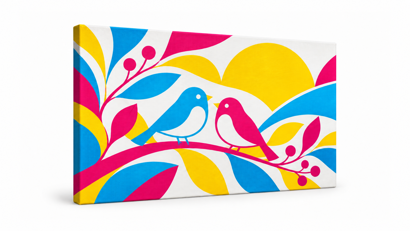 Leinwandbild mit zwei illustrierten Vögeln und Pflanzenformen in Cyan, Magenta und Gelb