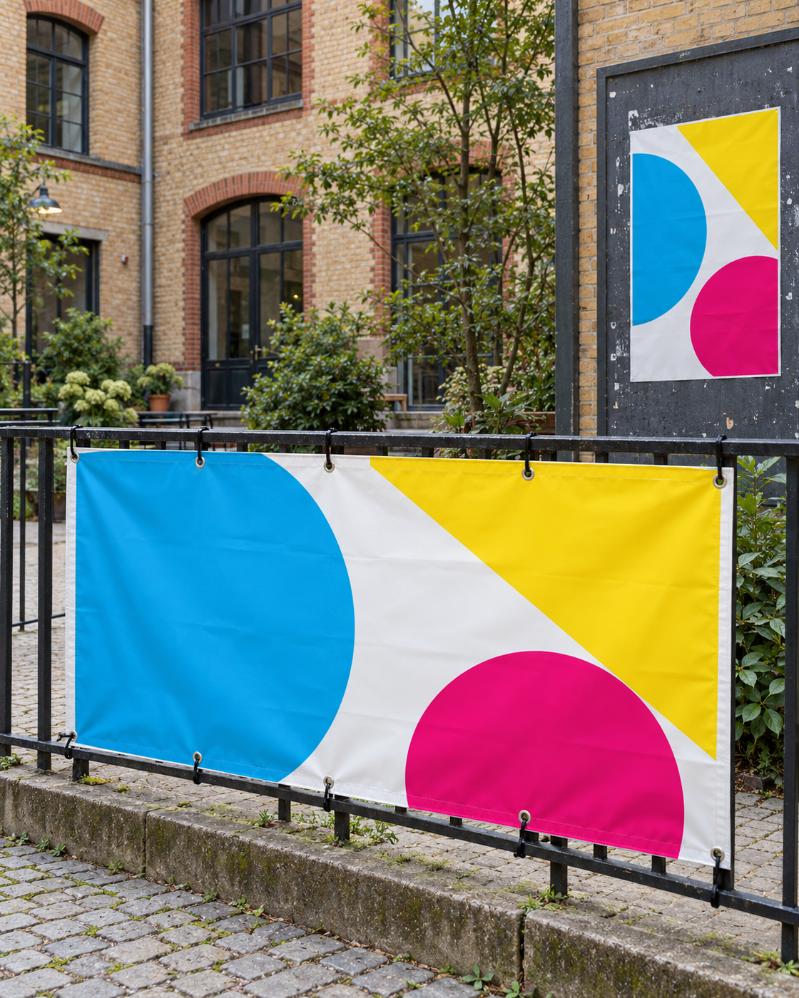 CMY-Banner mit Metallösen am Geländer eines Backstein-Innenhofs und Plakat an einer Wandfläche