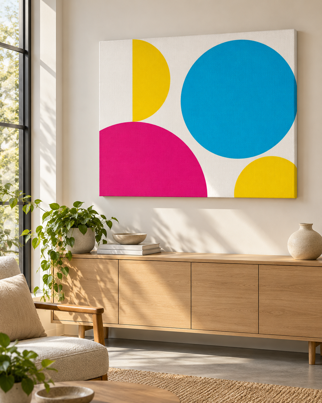 Leinwand mit geometrischem CMY-Motiv an der Wand eines hellen Empfangsbereichs