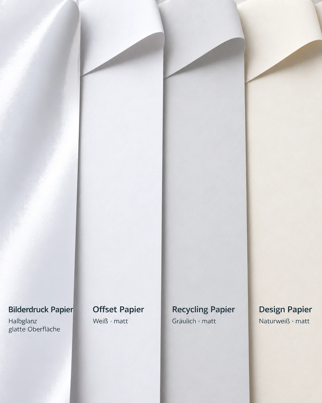 Papiervergleich: Bilderdruckpapier, Offsetpapier, Recyclingpapier und Designpapier