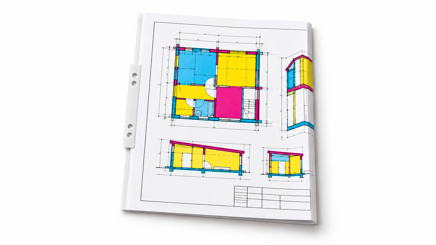 Gefalteter CAD-Plan im CMY-Stil mit kurzem angesetztem Heftstreifen und vier Löchern