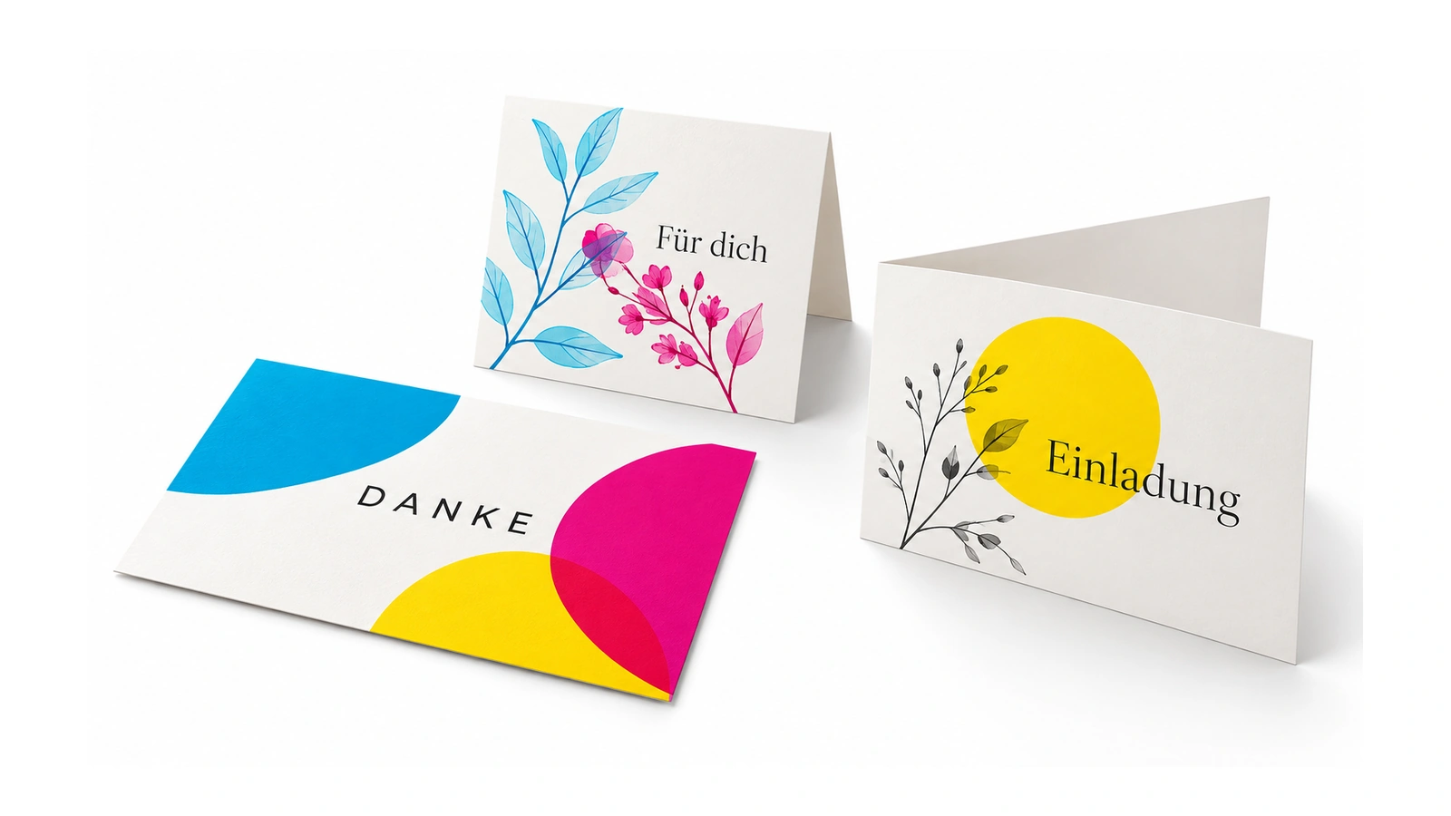 Danke-Postkarte und gefaltete Gruß- und Einladungskarten mit CMY-Gestaltung