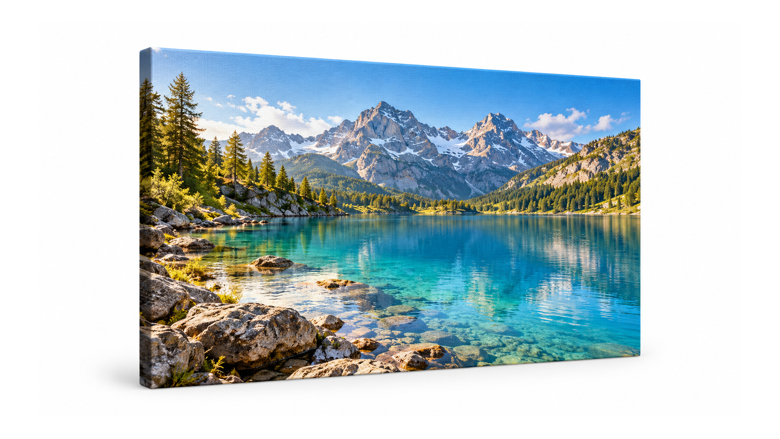 Leinwandbild mit einer Landschaft aus türkisblauem Bergsee und Alpenpanorama