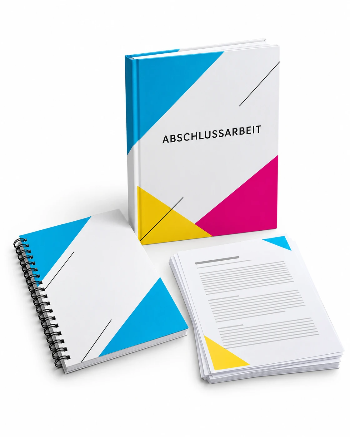 Hardcover-Abschlussarbeit, ringgebundenes Skript und lose Lernunterlagen mit CMY-Gestaltung auf weißem Hintergrund
