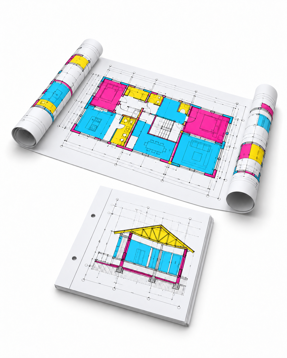 Gerollter und gefalteter CAD-Plan mit CMY-Zeichnungen auf mattem Papier