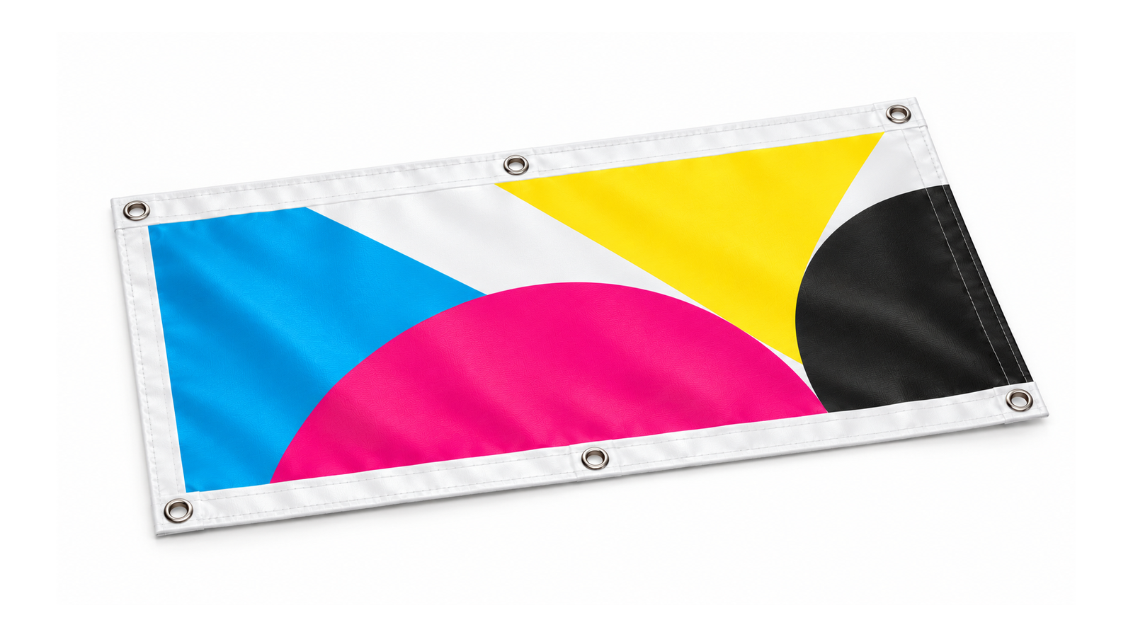 Ein flach ausgebreitetes PVC-Banner mit Ösen und Motiv in Cyan, Magenta, Gelb und Schwarz