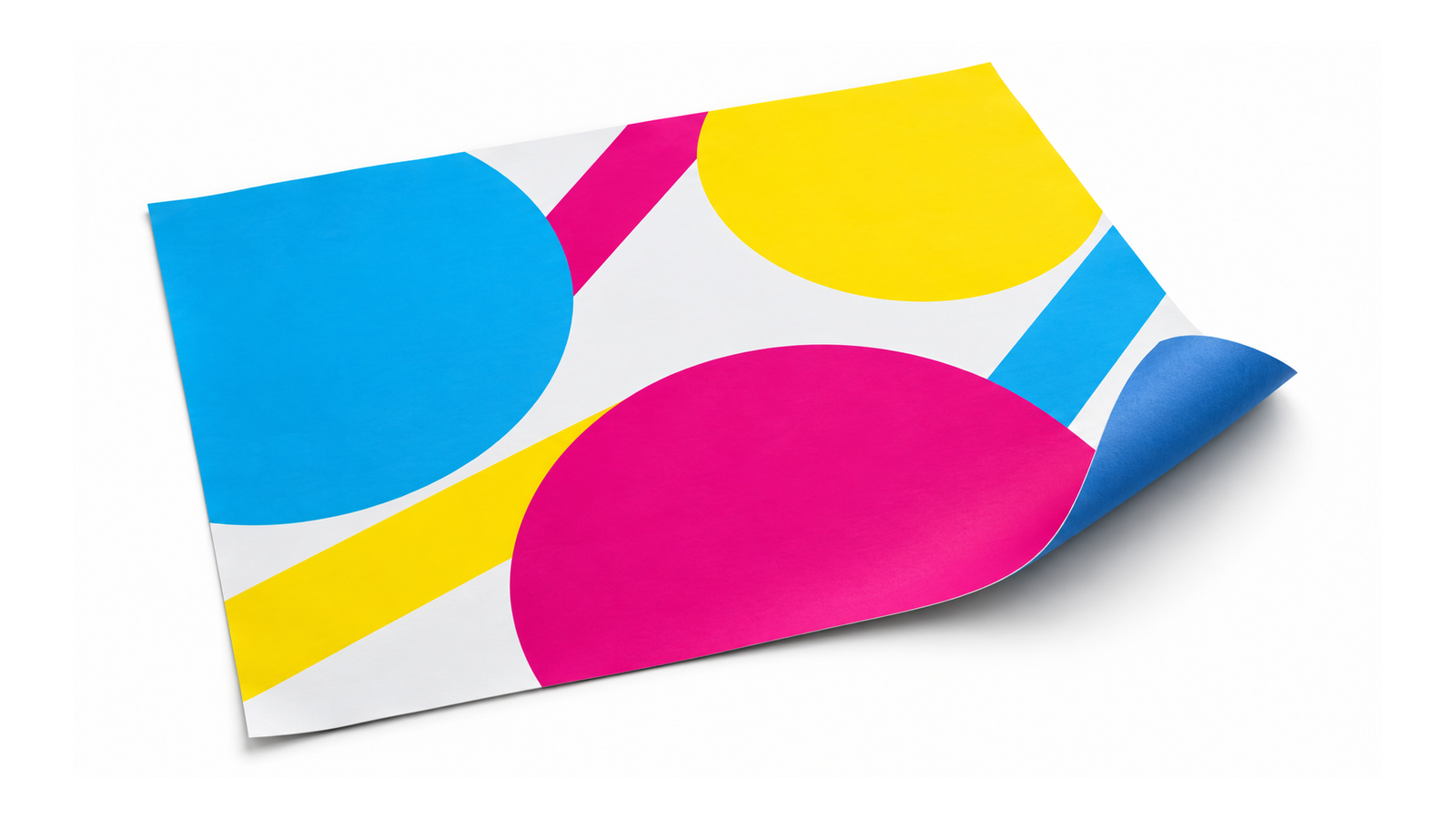 Outdoor-Plakat mit geometrischem CMY-Motiv und aufgerollter Ecke mit blauer Rückseite