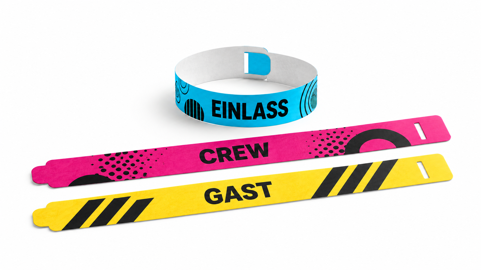 Papier-Einlassbänder in Cyan, Magenta und Gelb mit Einsteckverschluss