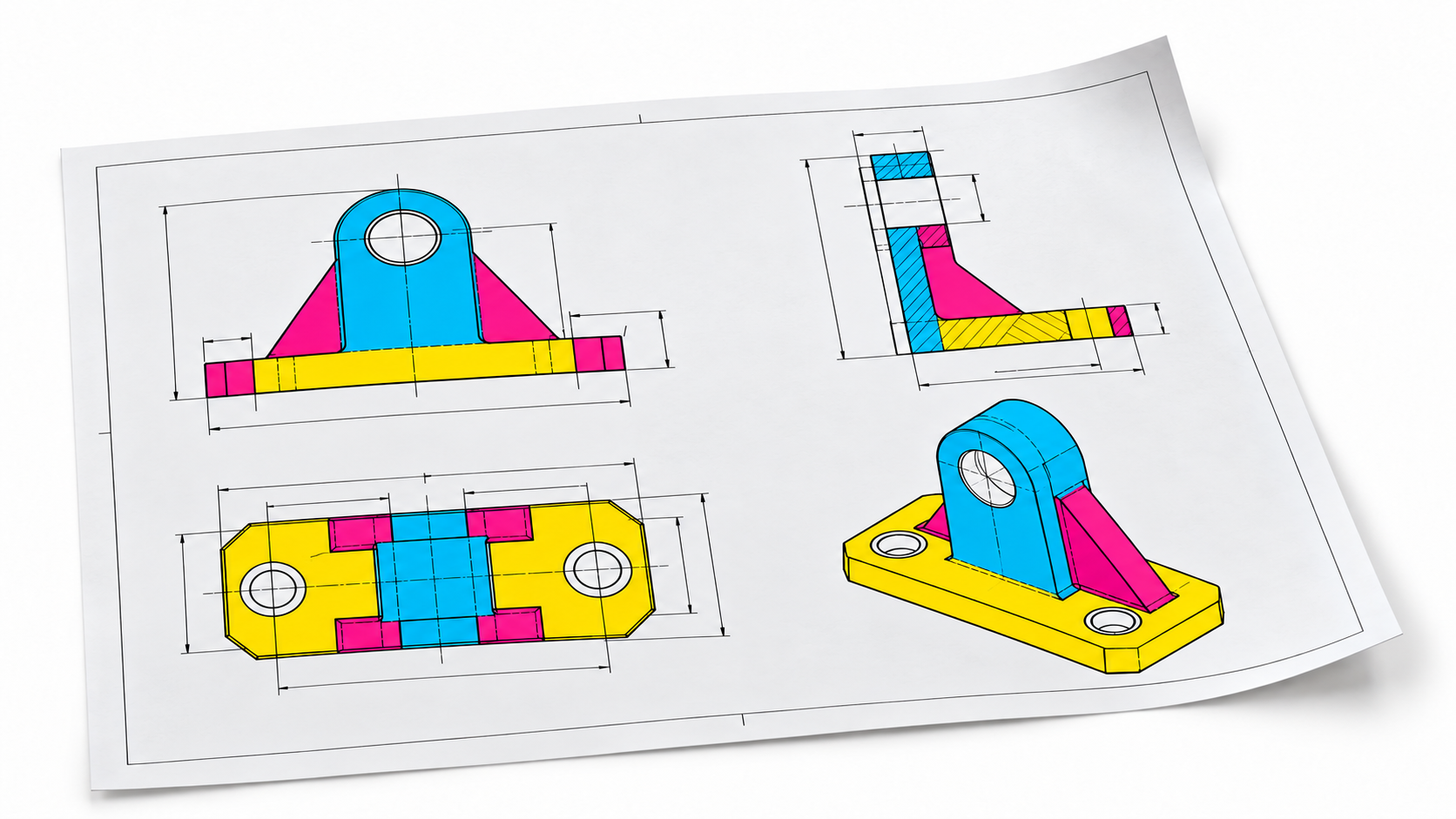 Technische Bauteilzeichnung mit mehreren Ansichten in Cyan, Magenta und Gelb