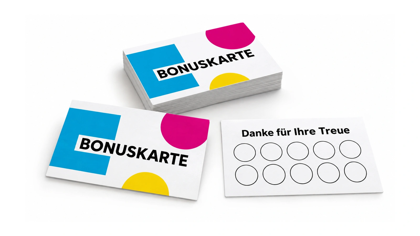 Bonuskarten mit zehn freien Stempelfeldern und geometrischer Gestaltung in Cyan, Magenta und Gelb