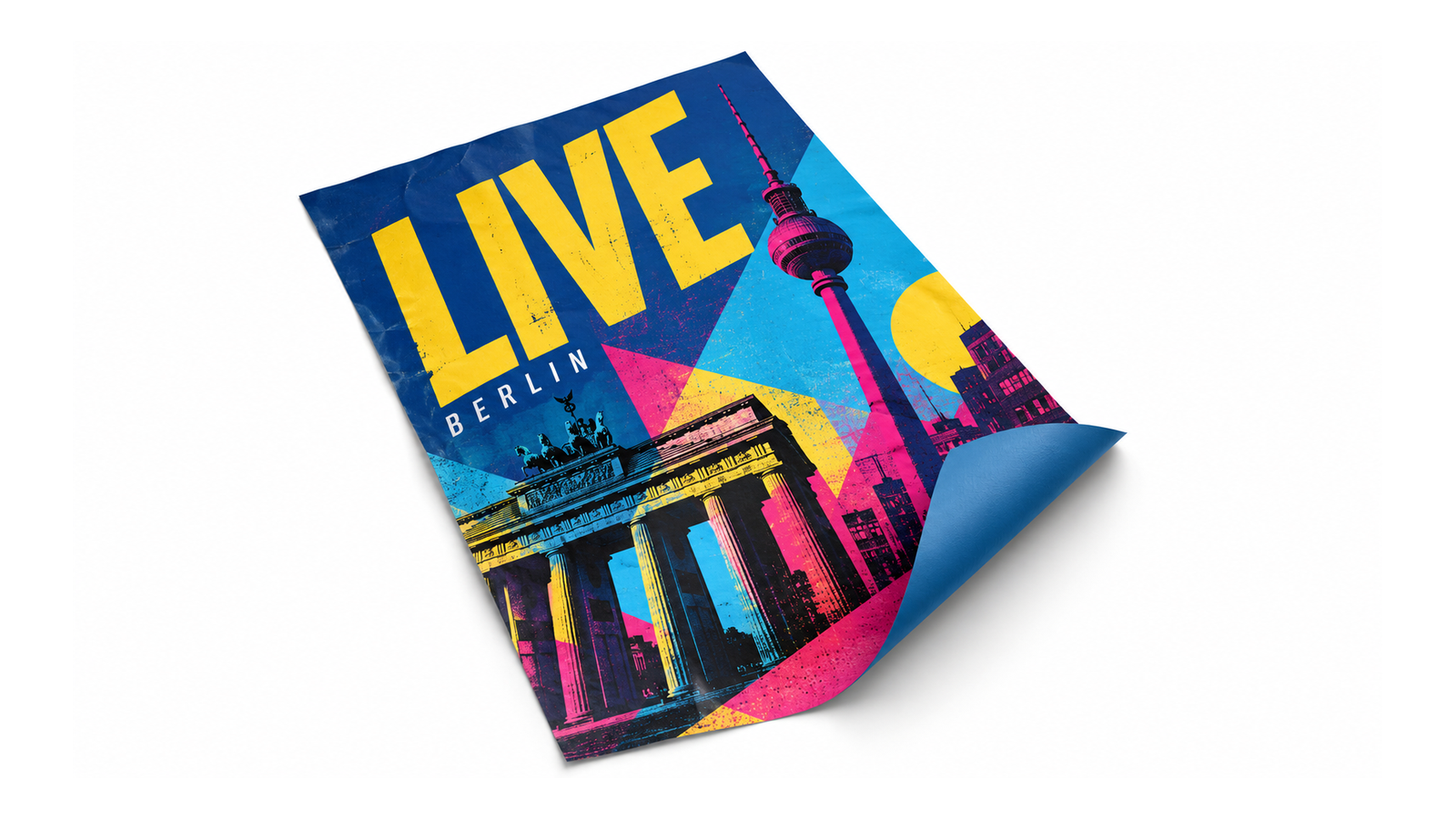 Blueback-Plakat mit LIVE-BERLIN-Motiv und sichtbar blauer Rückseite