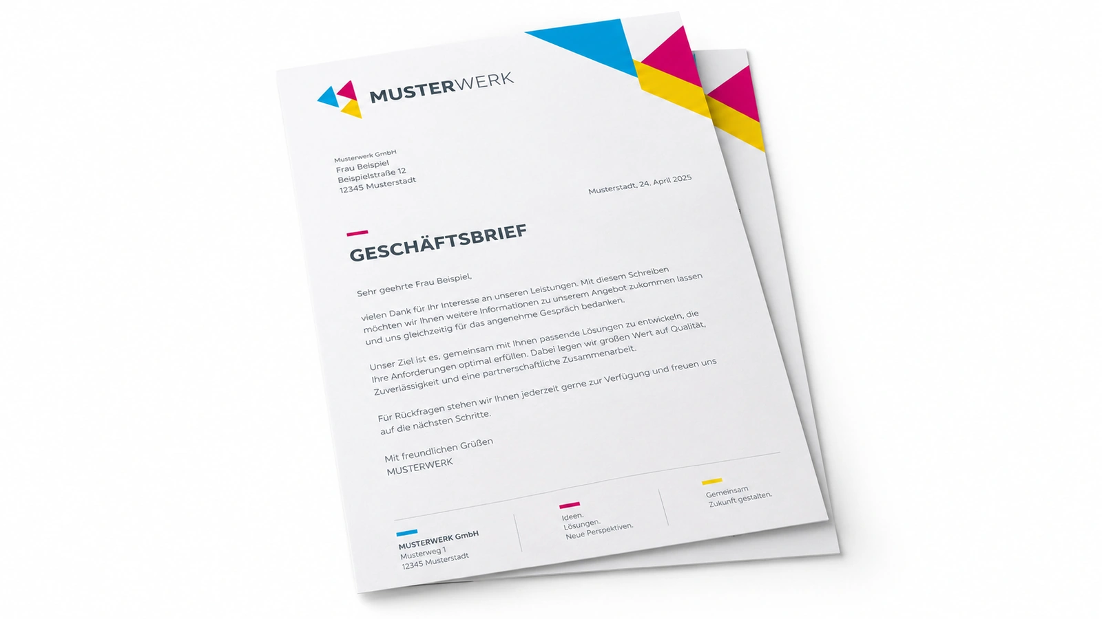 Geschäftsbrief auf DIN-A4-Briefpapier mit CMY-Briefkopf