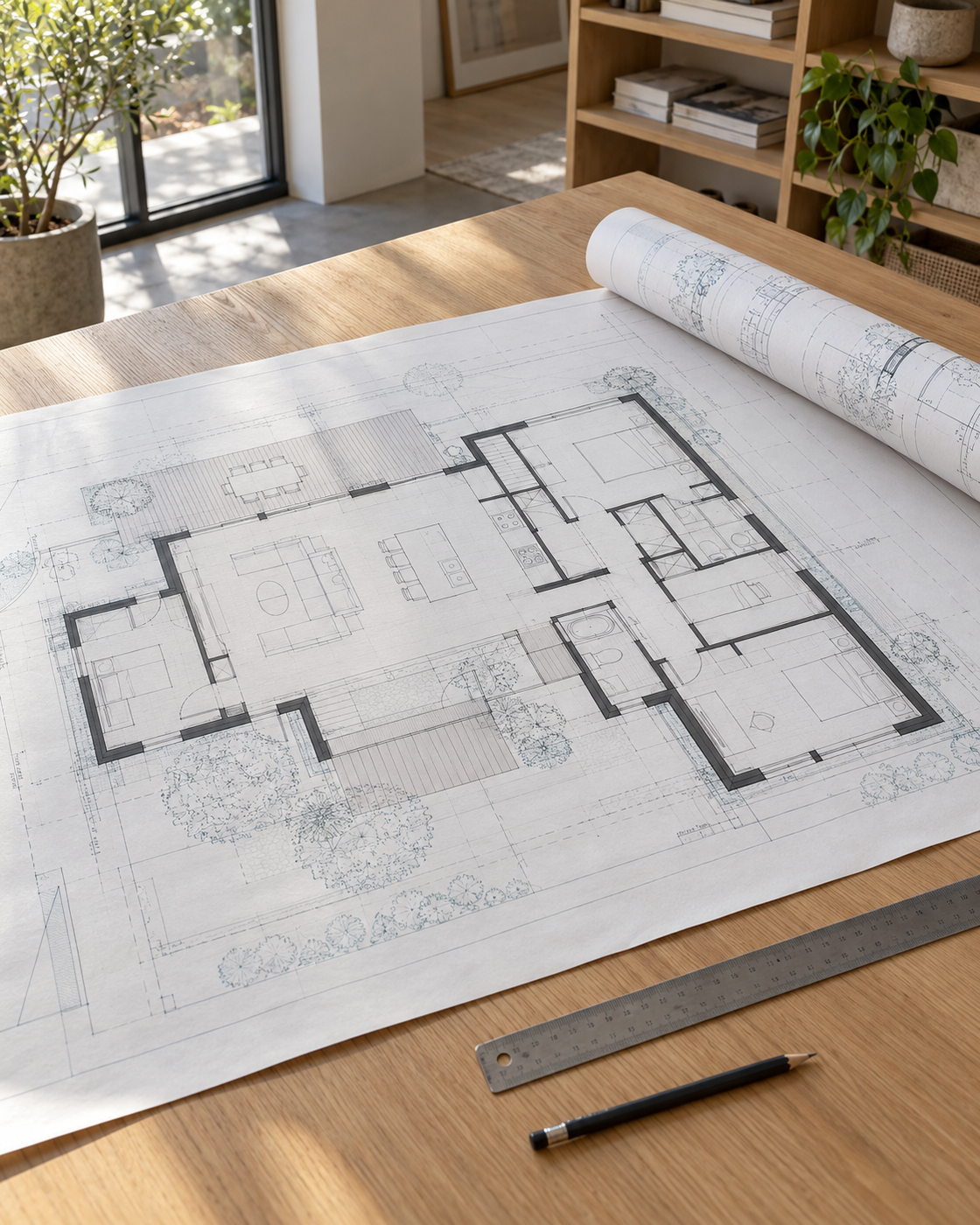 Großformatiger technischer Grundriss mit Planrolle, Lineal und Stift auf einem Architekturtisch