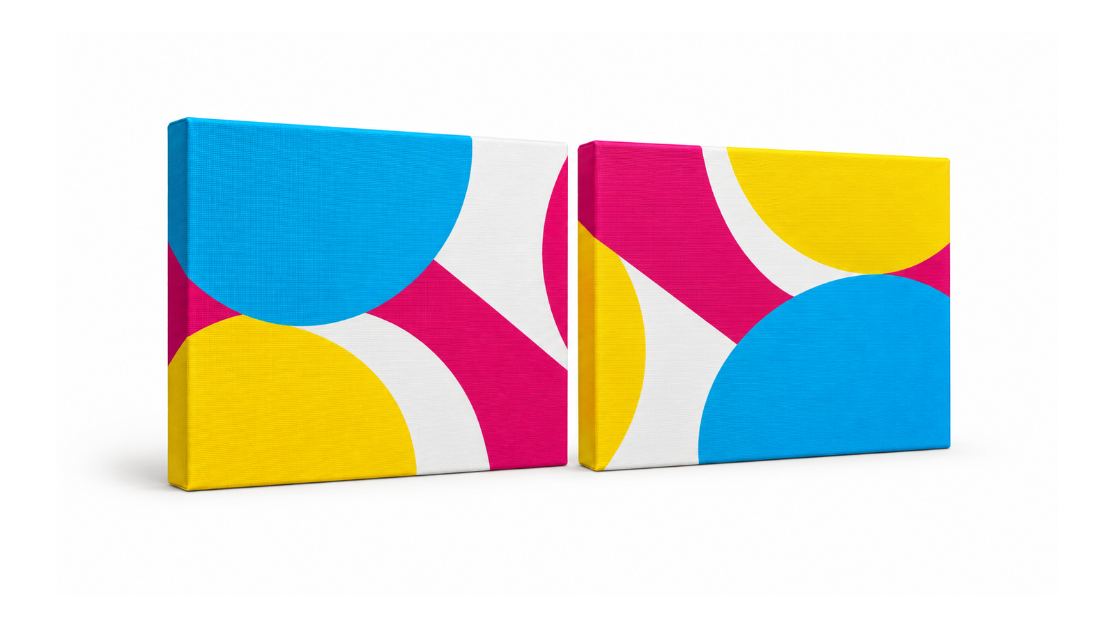 Zwei abgestimmte Leinwandbilder mit geometrischen Formen in Cyan, Magenta und Gelb