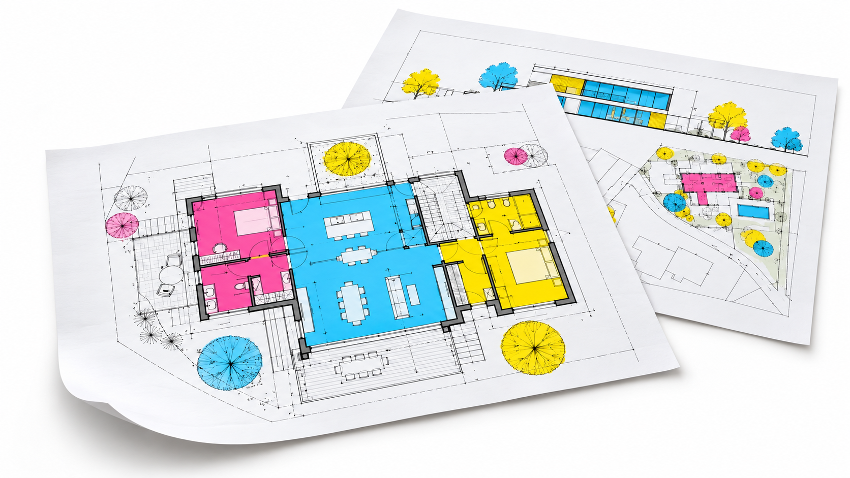 Gedruckter Architekturentwurf mit cyanfarbenen, magentafarbenen und gelben Planungsflächen