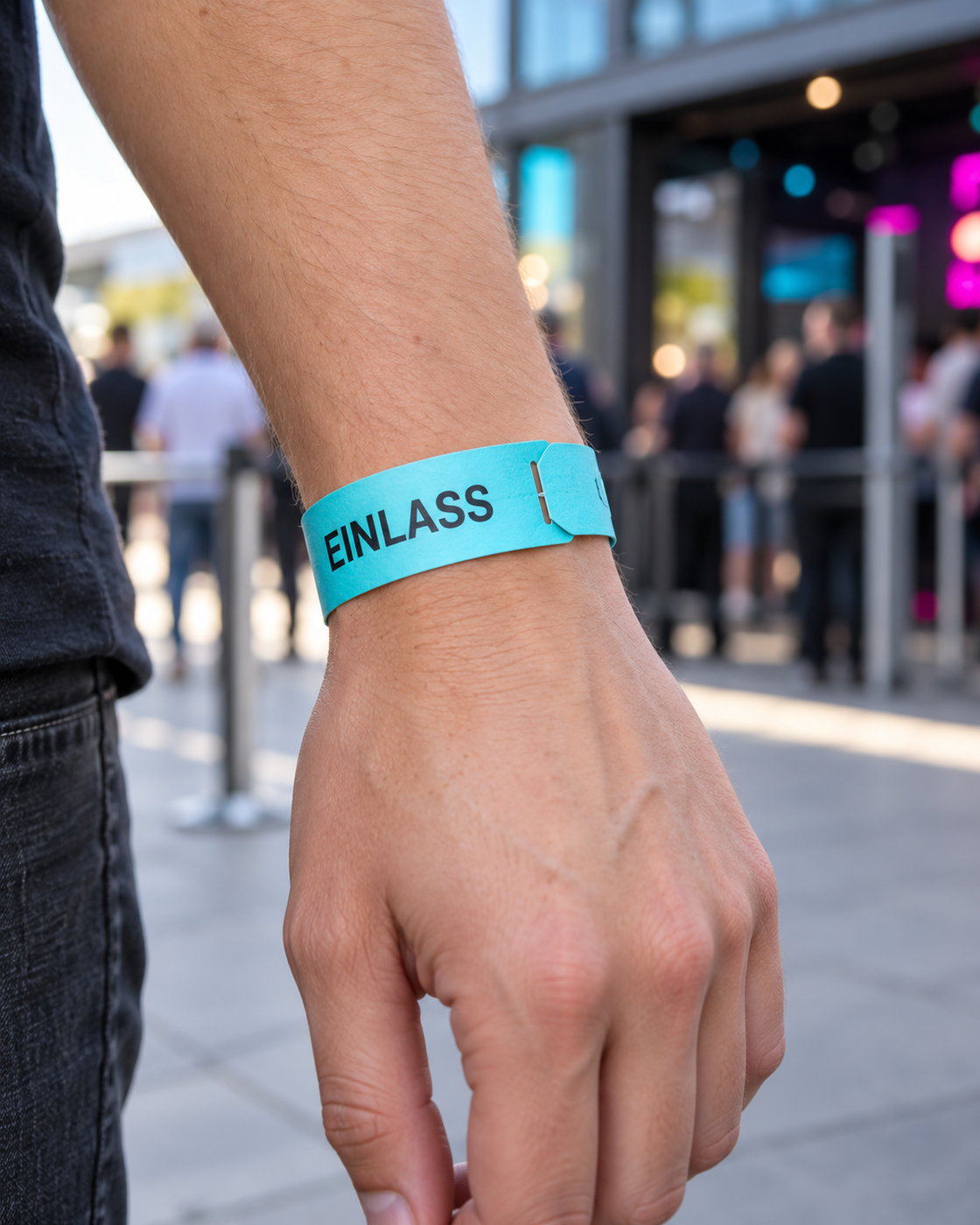 cyanfarbenes Einlassband an einem Handgelenk vor einer Eventumgebung