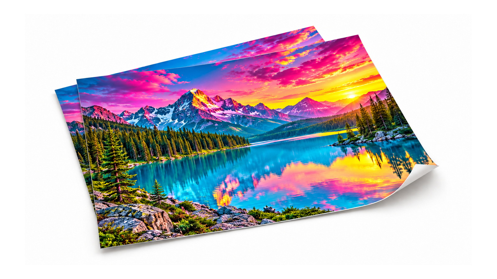 Premium-Poster mit Berg- und Seemotiv in Cyan, Magenta und Gelb