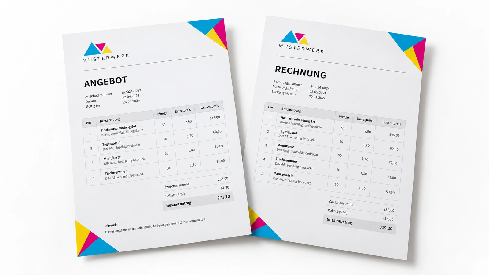 Angebot und Rechnung auf zwei individuell gestalteten DIN-A4-Briefbögen