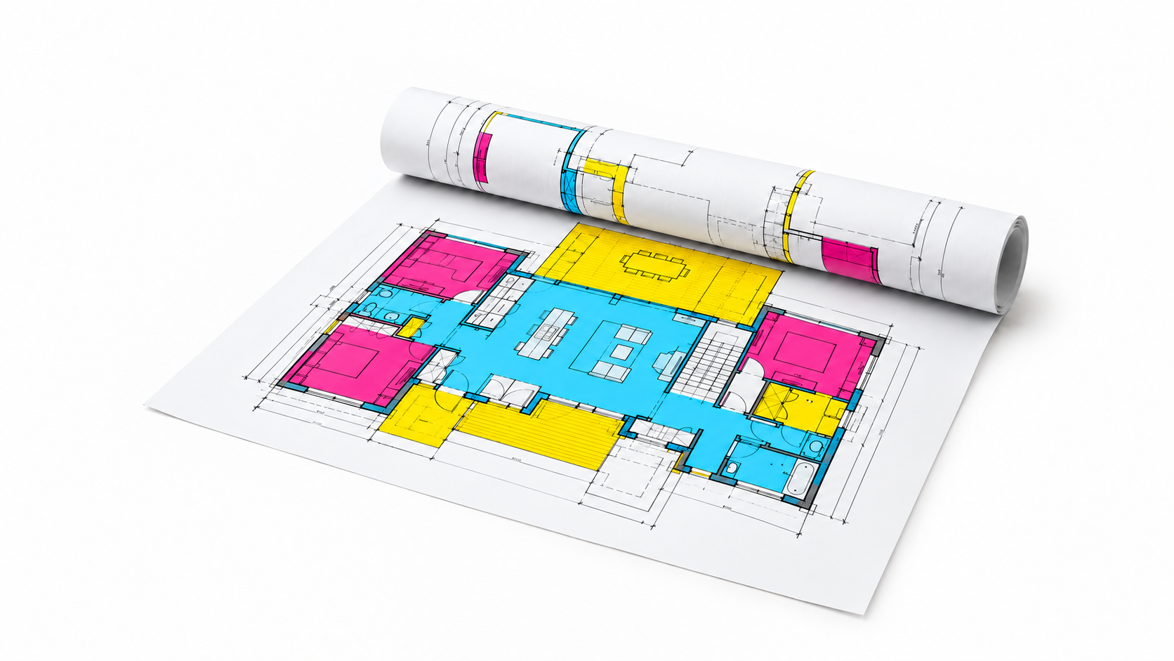Gerollter CAD-Plan mit cyanfarbenen, magentafarbenen und gelben Planungsflächen